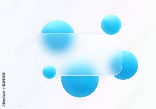 Glass morphic style panel and spheres on a clean, bright light background.