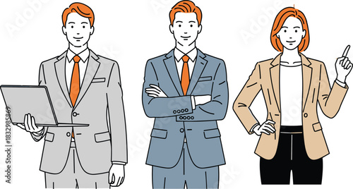 Vector Illustration Set of Business Professionals, Businessman Holding Laptop, Man with Arms Crossed, and Woman Pointing, Corporate Staff and Presentation Concept Graphics.