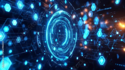 Explore futuristic digital landscapes with glowing hexagons and dynamic circular patterns in vibrant blue tones