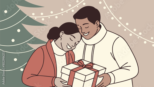 Couple sharing a christmas gift with joy and affection