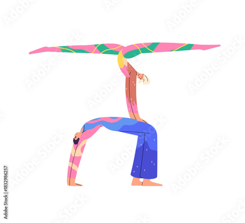 Couple of acrobats stands in pose on performance. Happy gymnasts show tricks on circus stage together. Cirque artists do stunts on concert. Flat isolated vector illustration on white background