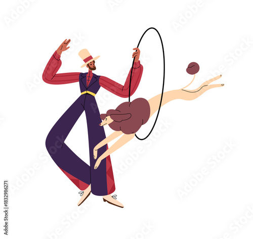 Animal trainer and dog are on circus stage. Pet jumps through hoop, overcomes obstacle while show. Tamer is training puppy tricks for performance. Flat isolated vector illustration on white background