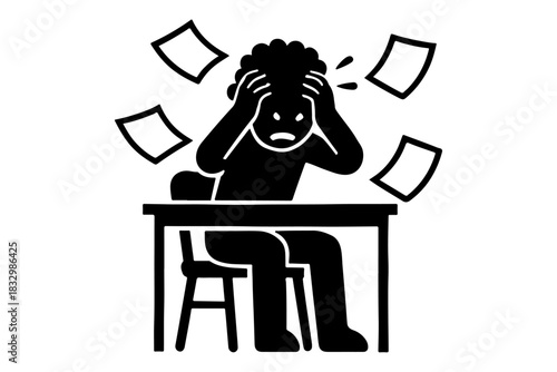 Frustrated Person at Desk with Scattered Papers Icon