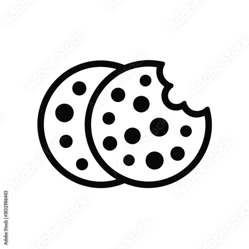 Simple outline icon of two chocolate chip cookies one bitten