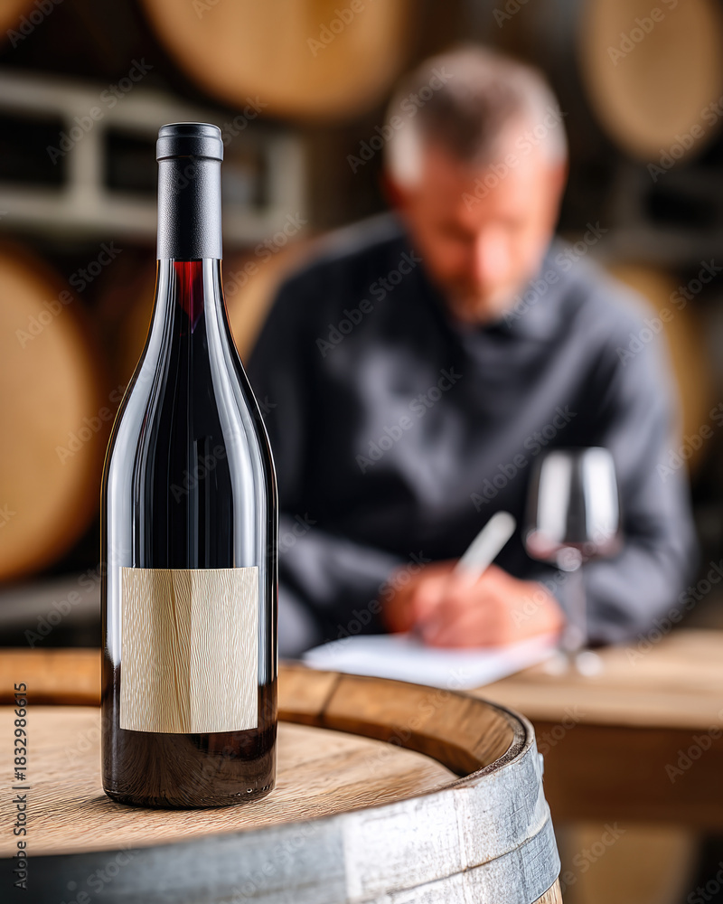 Fototapeta premium Red wine bottle on oak barrel with blurred man writing in background, winery cellar atmosphere, elegant and sophisticated mood