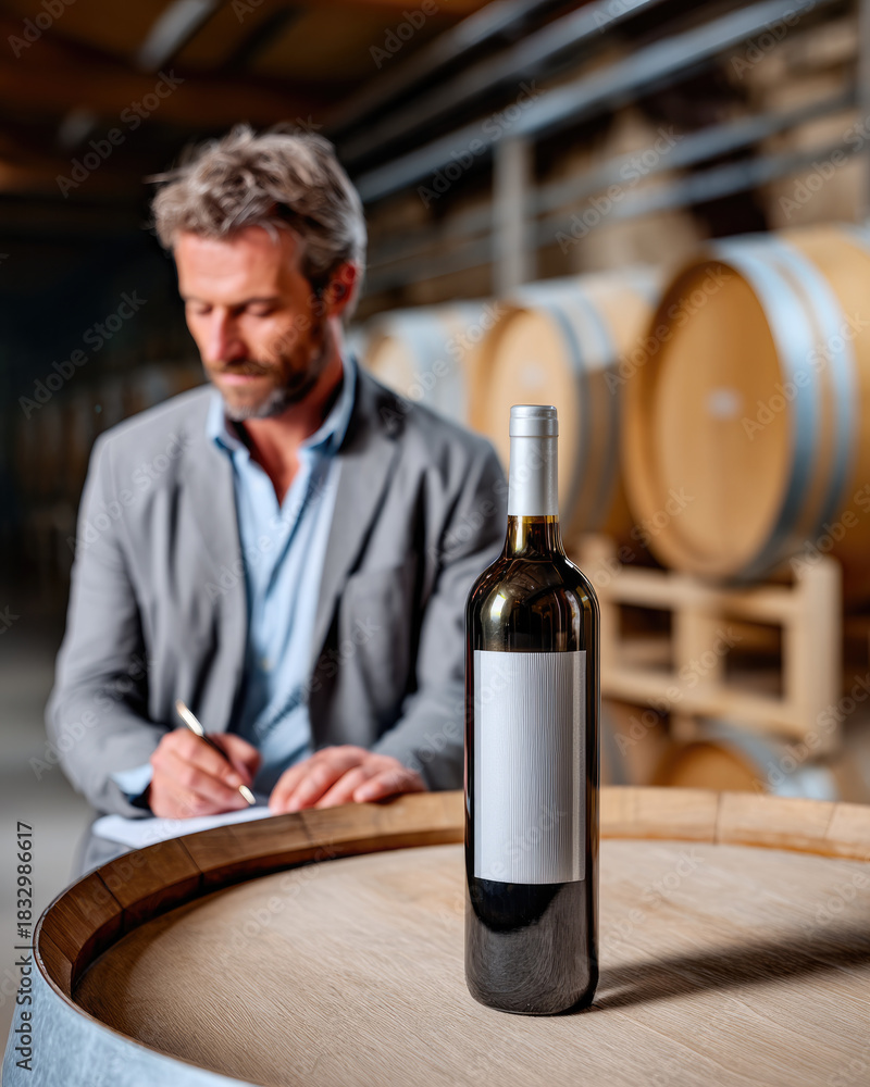 Fototapeta premium Red wine bottle on oak barrel in winery cellar, mature man writing in background, elegant atmosphere, focus on wine bottle