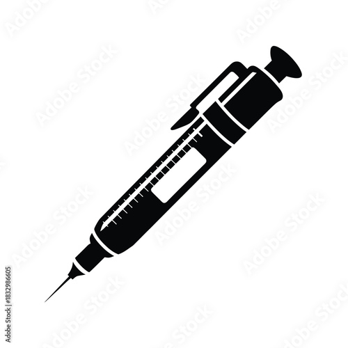 Black silhouette of a modern insulin pen syringe on a white background