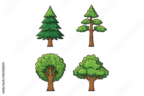 Four illustrated trees of varying types and shapes, including evergreen and deciduous varieties