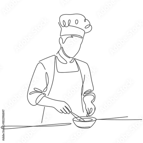 Chef in toque and apron stirring a bowl with a spoon line drawing