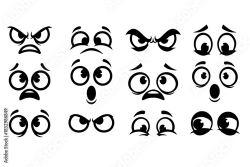 Cartoon eyes with different emotions, ranging from happy to surprised and angry
