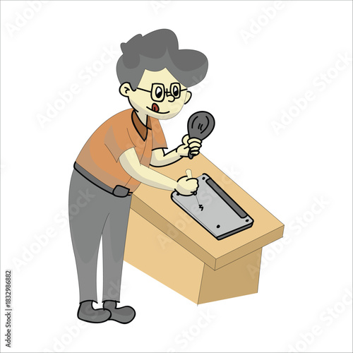 Technician cleaning dust from a computer part on a desk using a brush or tool