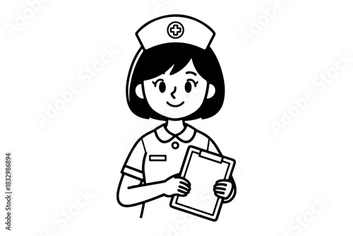 A simple black and white line art illustration of a friendly female nurse in uniform holding a clipboard, representing healthcare workers and medical professionals