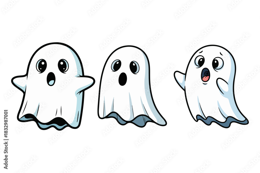Obraz premium A trio of charming cartoon ghosts showcasing various surprised and scared expressions, ideal for festive Halloween designs, spooky event invitations, and fun seasonal decorations