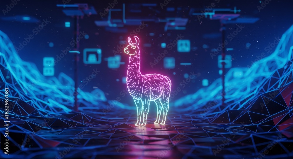 Obraz premium Llama in a Cyber Landscape - Neon llama in a world, symbolizing innovation, connectivity, future, technology, and exploration