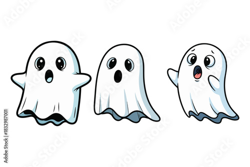 A trio of charming cartoon ghosts showcasing various surprised and scared expressions, ideal for festive Halloween designs, spooky event invitations, and fun seasonal decorations