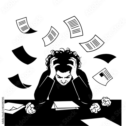 Feeling the intense weight of deadlines and a barrage of flying papers, a person is depicted in a moment of extreme stress and professional overwhelm, symbolizing burnout and the pressure of work