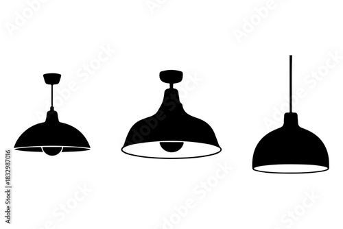 A versatile set of three black pendant lamp silhouettes, representing modern and industrial ceiling light fixtures for interior design concepts