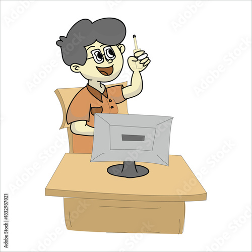Smart IT technician sitting at a desk with a computer, pointing finger up with a solution