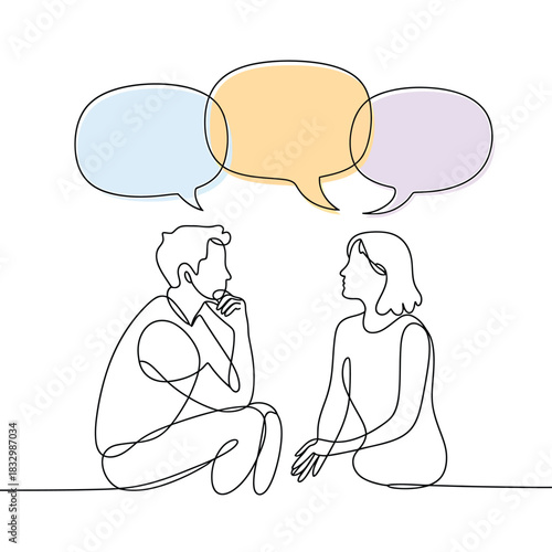 Two people in conversation with colorful speech bubbles above them