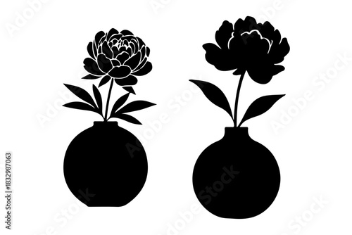 Floral Harmony Silhouette Art of Peonies in Vases for Elegant Decor
