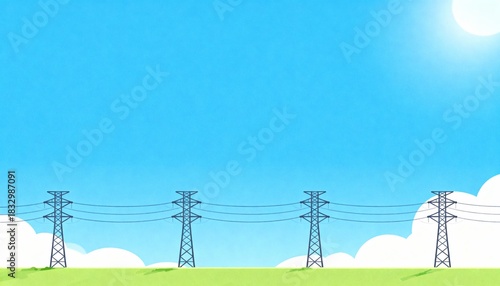 Stylized Flat Illustration of Generic Power Pylons Running Horizontally Across a Clear Blue Sky