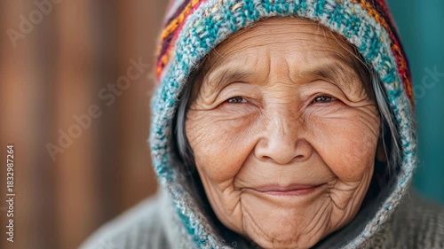 Smiling elderly woman wearing colorful shawl enjoys warm moment in cozy environment surrounded by wooden backdrop