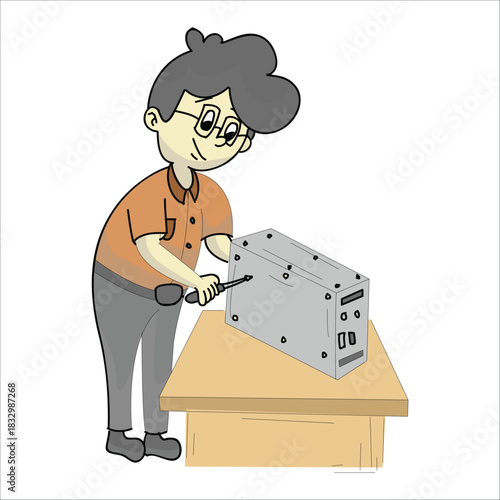 Technician using a screwdriver to open the back of a computer tower case for repair