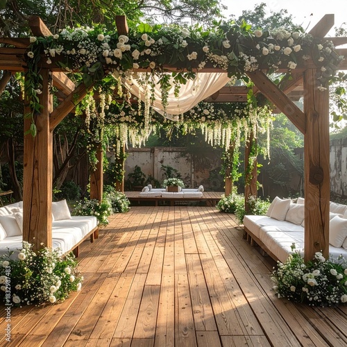 Wooden pergola adorned with white flowers and drapes