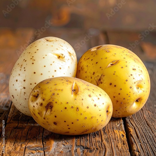 Three potatoes on a rustic wooden surface. Two are light yellow with small dark specks, and one is off-white with similar speckles