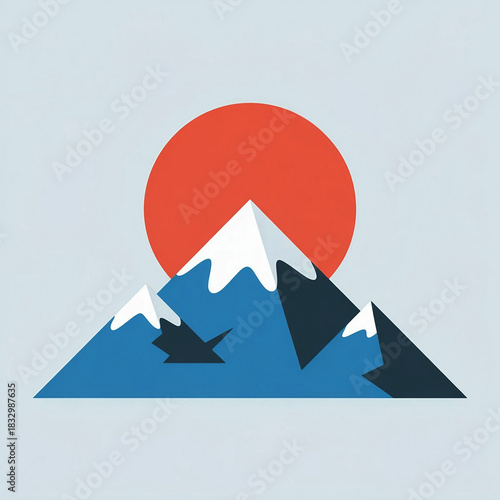 Stylized Snow-Capped Mountain with Red Sun
