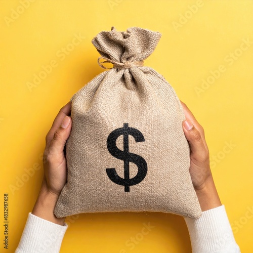Hands holding a burlap money bag with a dollar sign (2)