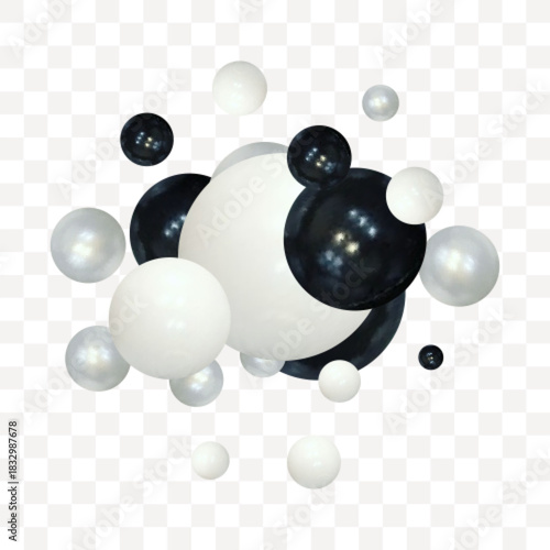 3D illustration of balls of different sizes hanging in space. The idea of order, chaos and harmony. Abstraction. Comparative image of the geometry of space. 3D rendering isolated on white background. 