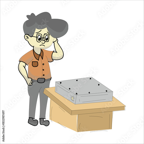 Confused technician scratching his head while looking at a closed laptop on a desk