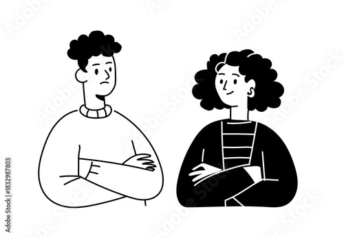 An unhappy man and woman stand apart with arms crossed, looking angry.