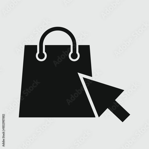 Black silhouette icon representing online shopping or ecommerce, featuring a shopping bag next to a cursor arrow pointer, symbolizing a click to purchase or digital transaction