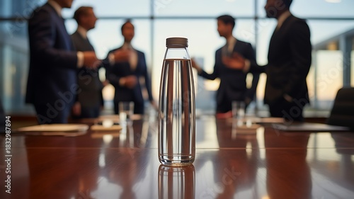 A close-up of a water bottle on a conference table, with blurred professionals discussing in the background, showcasing corporate environment. High quality.