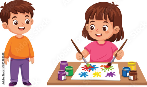 two cartoon children, a boy standing and a girl happily painting colorful abstract splatters with brushes and pots of paint, symbolizing creativity, childhood art, learning, and playful expression, is