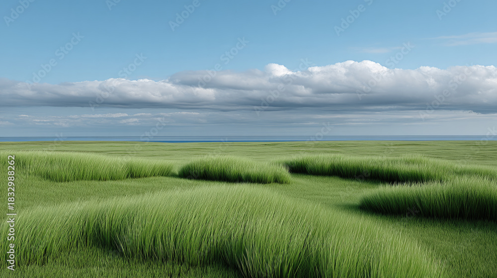 Obraz premium Serene green field with tall grass under blue sky, peaceful landscape, nature, outdoor, calm, tranquil, open space
