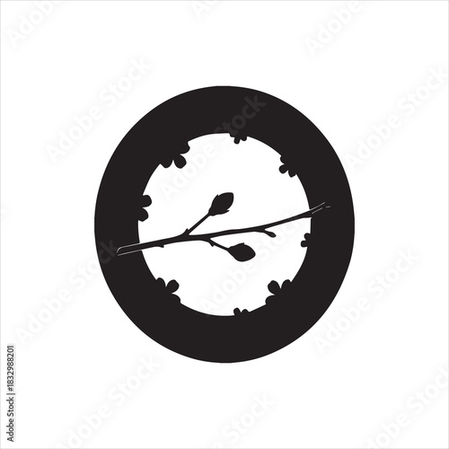  Illustration spring twig blossoming buds in a floral circle silhouette vector
