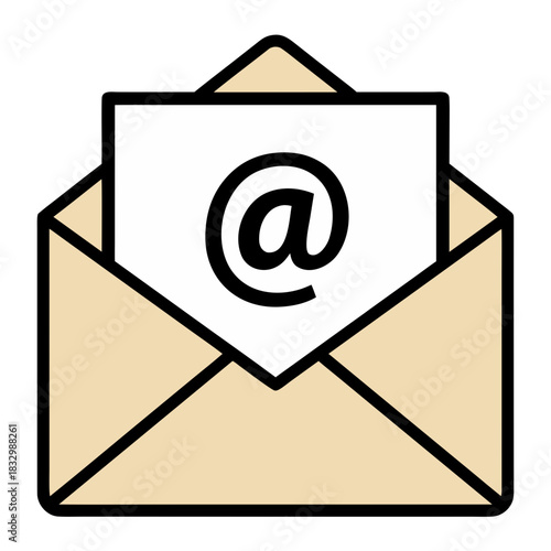 Email Icon With At Symbol Inside Envelope on Pure White Background Minimalist Flat Vector Art Sticker Style Clean 2D Graphic