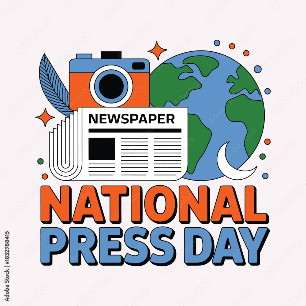 Obraz premium National Press Day graphic with newspaper camera globe and moon illustration earth vector illustration.