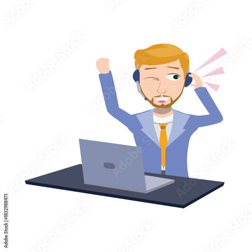 Happy support agent sitting at a desk raising one hand in excitement while looking at a laptop
