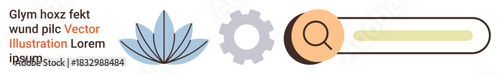 Digital technology, wellness design, data optimization, productivity search, creativity, business solutions. Gear, magnifying glass and lotus symbols. Technology and wellness design concepts