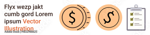 Financial planning, budgeting, task management, investment tracking, financial analysis, organization. Two dollar coin symbols and a checklist clipboard with marked tasks. Financial planning