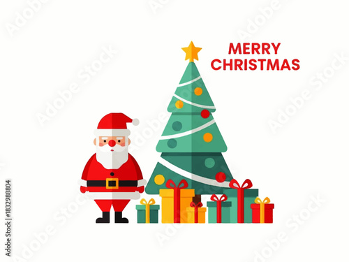 Cartoon Santa Claus stands next to a decorated Christmas tree with gifts, wishing everyone a Merry Christmas.