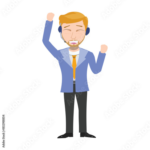 Happy customer support agent raising both arms in success and celebration