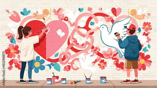 Couple painting mural with hearts and dove for love and peace concept