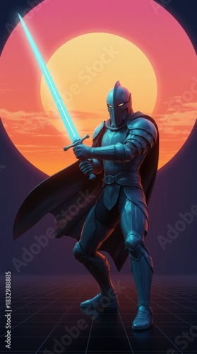Epic Knight Warrior in Shining Armor With Glowing Blue Sword Stance Against Sunset Sky Dramatic