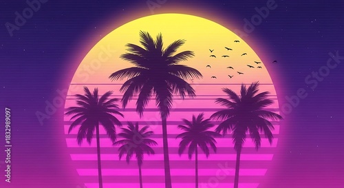 Retro synthwave sunset over a tropical beach with silhouetted palm trees and vibrant neon colors