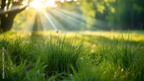 Fototapeta Naklejka Na Ścianę i Meble -  Golden sunbeams pierce through lush green grass in a serene meadow